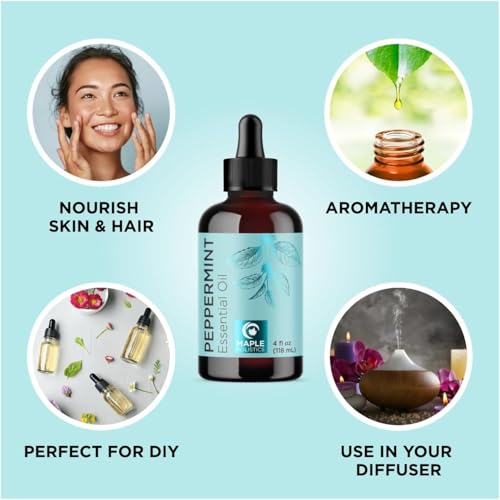 Image of Peppermint Essential Oil for Diffuser Aromatherapy - 100% Pure Peppermint Oil for Hair Skin and Nails Plus Undiluted Refreshing Aromatherapy Essential Oil for Diffusers Baths and Topical Uses 4oz