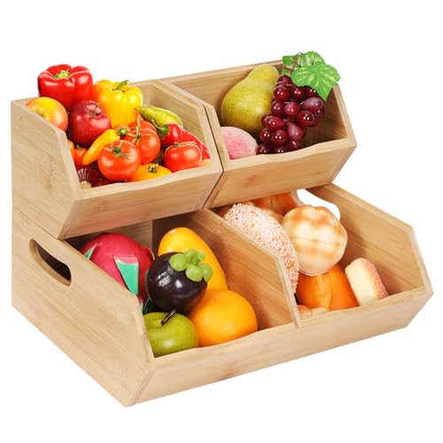 LByng Stapelbare Aufbewahrungskörbe aus Bambus, stapelbare Holzkörbe, Kartoffel- und Zwiebelaufbewahrung, Obstkorb für Speisekammer, Obstschale für Küchentheke, Obst- und Gemüseaufbewahrung