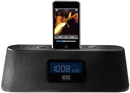 Altec Lansing M302 Moondance Home Alarm Clock Radio with an iPod docked, displaying time 10:08 and alarm 6:30.