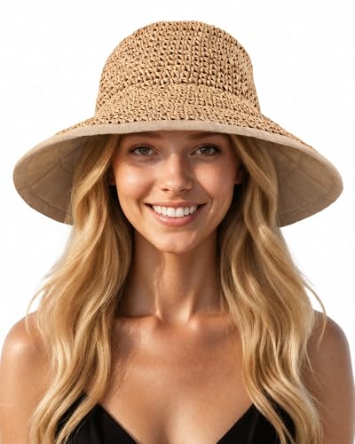 Senker Fashion Sun Hats for Women UV Protection Handmade Wide Brim Packable Straw Bucket Hat for Beach Summer Vacation Travel Khaki