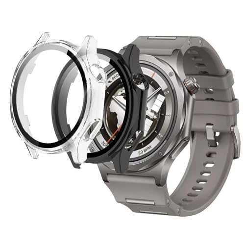 MEMELOKA Cover per OnePlus Watch 4/OPPO Watch X3 con Vetro Temperato[2 Pezzi], Ultrasottile Rigida PC Case Protettiva Anti-Graffio e HD Clear Pellicola Protettiva, Transparente + Nero