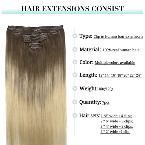 Image of DOORES Ash Brown to Platinum Blonde 18 Inch 7pcs 120g Remy Clip in Human Hair Real Hair Extensions Natural Straight