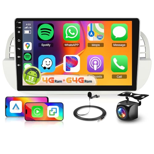 4G+64G Android 15 Car Radio Stereo for Fiat 500 2007-2015(White) with DSP Wireless Carplay Android Auto, Hodozzy 9 inch 1280P Touchscreen Radio Bluetooth 5.0 GPS WiFi FM/RDS Reversing Camera