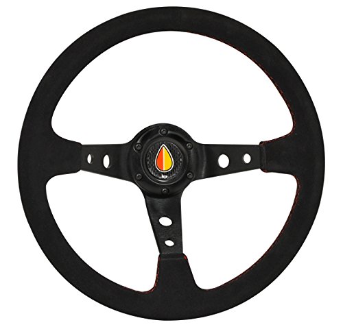AJP Distributors Universal Replacement 350mm Deep Dish Suede Wrapped Red Stiching Steering Wheel Black With Koleshiya Horn Button