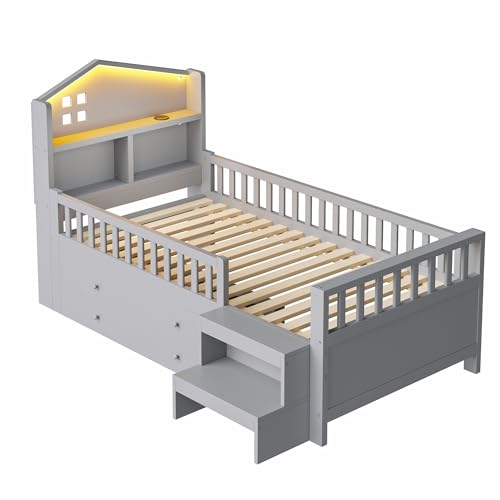 Cama individual de madera maciza con diseño seguro en gris 8