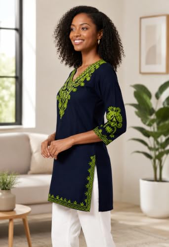 Image of Embroidered Chikankari Kurti with Kashmiri Aari Work, V-Neck, 3 /4 Sleeves, Rayon Fabric