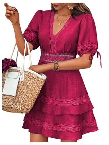 SOLY HUX Women's Summer Dress Hollow Out Lace V Neck Puff Short Sleeve A Line Layered Short Dresses