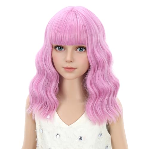 Image of PATTNIUM Light Pink Wig for Kids Short Wavy Pink Wig with Bangs Girls Synthetic Hair for Cosplay Costume