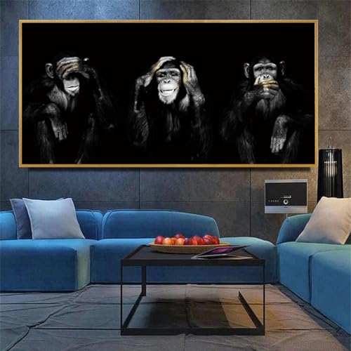 Peinture singe gorille BIEMBI de qualité premium avec cadre doré chic 30x60 cm