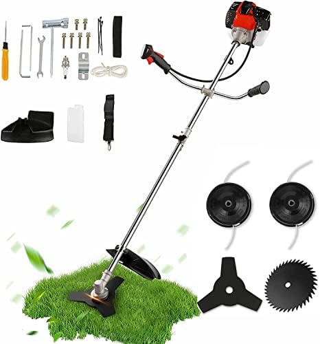 58CC Gas String Trimmer 2-Cycle Gas Brush Cutter Straight Shaft 4 in 1 Cordless Grass Edger Weed Wacker Gasoline Powered Weed Eater with 4 Detachable Heads for Lawn and Garden Care-Red