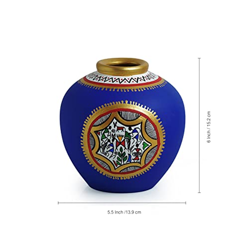 Image of ExclusiveLane Madhubani & Warli Terracotta Vases for Home Decor Flower Vase for Living Room (Set of 2, Blue, Yellow) | Terracotta Flower Vases for Home Decoration Items Vases for Dining Table