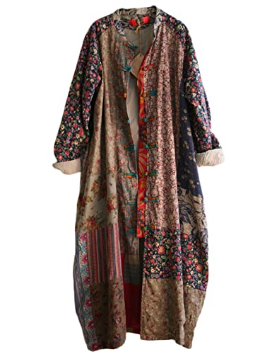 NFYM Women's Trench Coat Long Cotton Linen Floral Print Jacket Cottagecore Clothing Patchwork Outwear Each Piece Unique