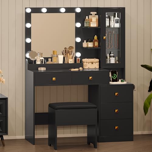 Image of Vanity Desk with Mirror and Lights, Black Makeup Vanity with 5 Drawers Hidden Jewelry Organizer& LED Glass Cabinet,3 Light Mode and Brightness Adjusted,Vanity Mirror with Lights Desk and Chair