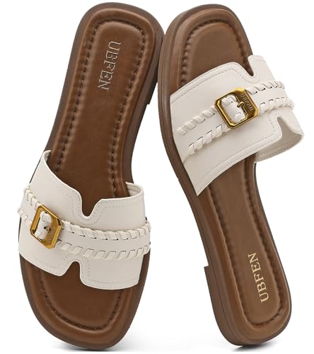 Image of UBFEN Womens Square Toe Flat Sandals Slides Dressy Comfortable for Beach
