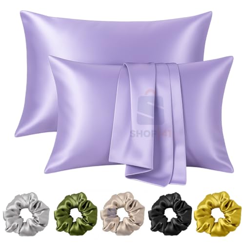 Image of Satin Pillow Covers for Hair and Skin Set of 2 with 5 Scrunchies I Satin Pillow case I Silk Pillow Cover I Silk Pillow case I Women Gift Items (Lavender)