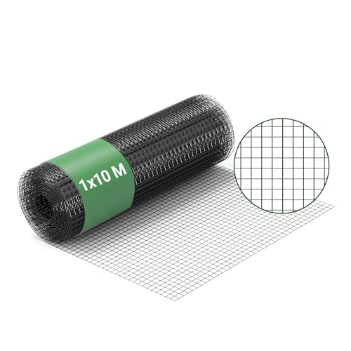 Wiltec Fil de grillage Noir à mailles carrées 12 x 12 mm - 10 m x 100 cm - en Acier galvanisé revêtus par PVC - Rouleau Clôture pour Volière Clapier Jardin...