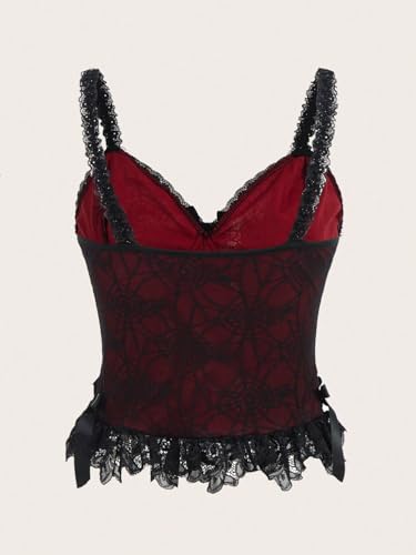 SHENHE Women's Lace Bow Front Spaghetti Strap V Neck Camisole Y2K Goth Crop Top Tank2