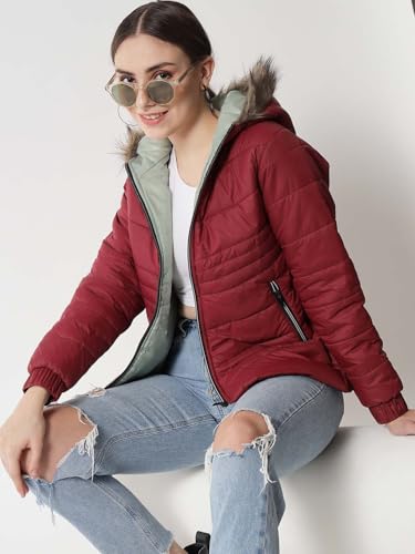 Image of KOTTY Women's Full Sleeve Zipper Fur Hooded Neck Puffer Jacket