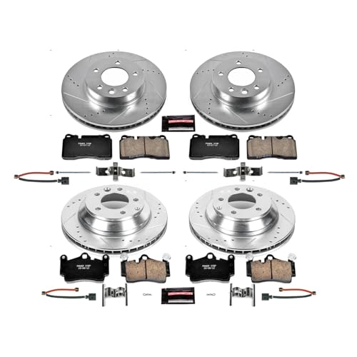 Image of PowerStop Front and Rear Brake Kit for Volkswagen Touareg 2007-10 - Drilled and Slotted Disc Rotors with Carbon-Fiber Ceramic Brake Pads Replacement, K5745