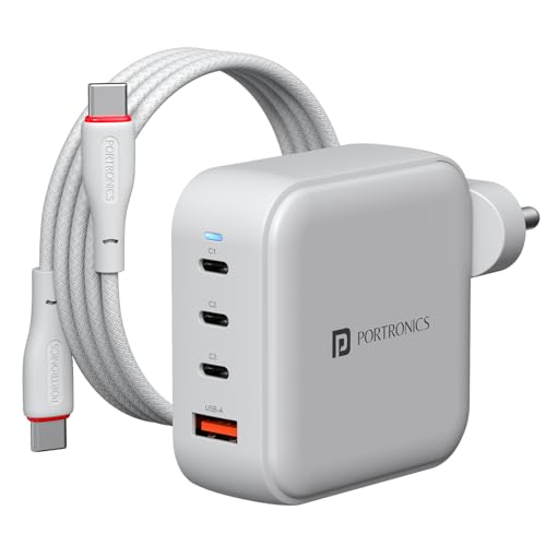 Image of Portronics 100W Adapto 100 Pro Fast Charging Four Port Adaptor with 1.5M Type C Cable, 3 Type C PD Port, 1 USB-A Mach Port, GaN Technology, Fast Charging Compatible with Laptops, Macbooks, Smartphones