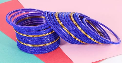 Image of NMII Glass Bangles For Women and Girls with Velvet and Golden Ballchain Linked | Plain Glass Bangles | Velvet Chudi Set | Bangles For Women | Stylish Glass Chudi Bangles- Set of 28