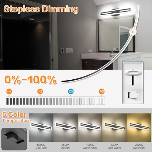 Image of SOLFART 24 inch LED Vanity Lights Black Bathroom Light Fixture 5 Color Adjustable Bathroom Vanity Lights Over Mirror LED Vanity Lighting Fixtures Light Bar 5CCT