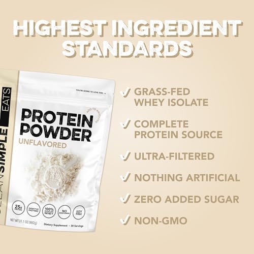 Image of Clean Simple Eats Whey Isolate Protein Powder, Unflavored, Naturally Sweetened, Zero Added Sugar, 20g 100% Grass Fed Protein Powder with Digestive Enzymes, Gluten Free, Non GMO, 30 Servings