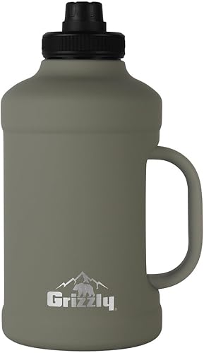 Grizzly - Botella de agua de 64 onzas, con aislamiento al vacío, tapa resistente a fugas, acero inoxidable, mango resistente, para gimnasio,