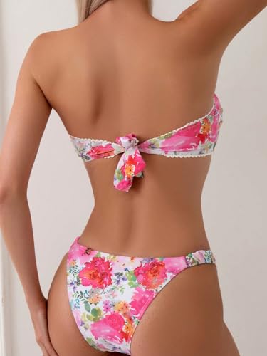 OYOANGLE Women's 2 Piece Bikini Swimsuits Floral Print V Wired Strapless Bandeau Bathing Suits Swimwear2