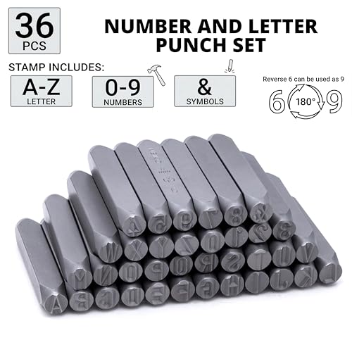Image of NEIKO 02625A Number and Letter Punch Set with Heat-Treated Steel Punches, Imprinting & Arts and Crafts, 5 /16 inch (8MM) Shaft, 36 Pc Stamp Set, Uppercase Letter & Number Punch Set (A-Z / 0-8 / inch& inch Symbol)