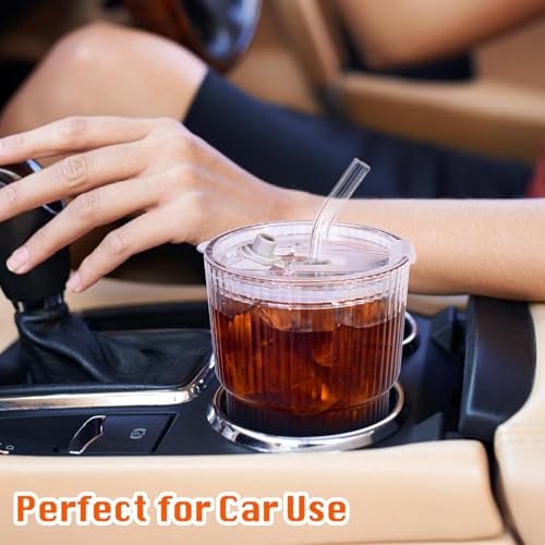 Image of KAMVY Ribbed Glass Tumbler with Lids and Straw Pack of 1, 400ML Aesthetic Coffee Mug Sipper Bottle,Glass Drinking Cup Mason for Iced Green Tea, Juice, Cocktail, Cold & Hot Drinks Travel Mug (RIBBED W)