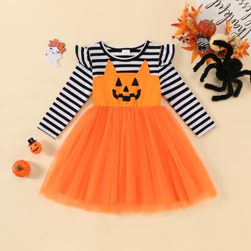 Toddler Baby Girl Halloween Clothes Long Sleeve Pumpkin Tulle Dress Fall Outfit2