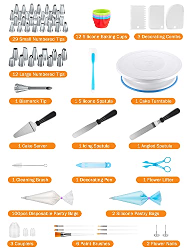 Kootek 178 Pcs Cake Decorating Supplies Kit With Cake Turntable, 42 Numbered Icing Tips (Large & Standard), 3 Icing Comb Scraper, 100+2 Pastry Bags, 12 Baking Cups And Other Baking Supplies Tools #TOP2