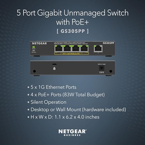 Image of NETGEAR 5-Port Gigabit Ethernet Unmanaged PoE Switch (GS305PP) - with 4 x PoE+ @ 83W, Desktop or Wall Mount