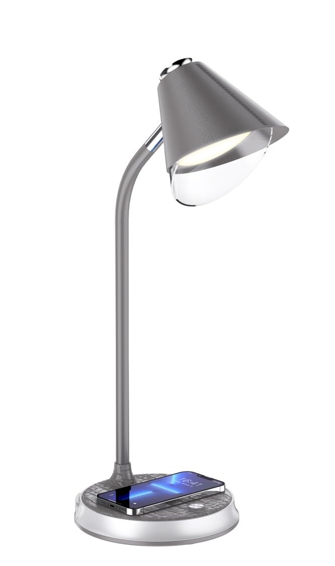 IMMAX FINCH - Lampada da tavolo a LED con funzione di ricarica Qi, grigio + elementi argentati