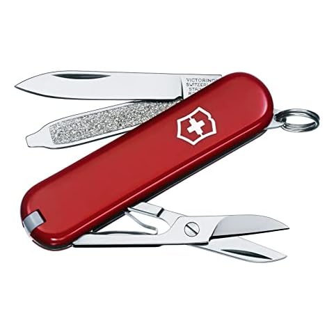 Victorinox Classic SD Swiss Army Pocket Knife, Small, Multi Tool, 7 Functions, Scissors, Nail File, Red Cover