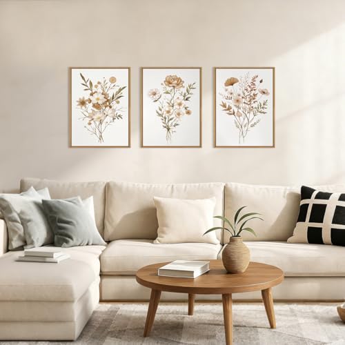 Image of KAIRNE Neutral Boho Floral Framed Canvas Wall Art Set, Vintage Botanical Flower Wall Decor, Minimalist Wildflower Art Prints, Modern Beige Artwork for Living Room, Bedroom, Farmhouse, Office-12 inchx16 inchx3