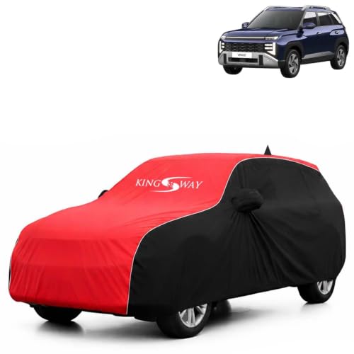 Image of KINGSWAY Super Waterproof Car Cover Only with Hyundai Venue (Year 2025 Onwards - All Model) | Mirror and Antenna Pockets | All Weather Car Body Cover with Silver Piping | Black Red