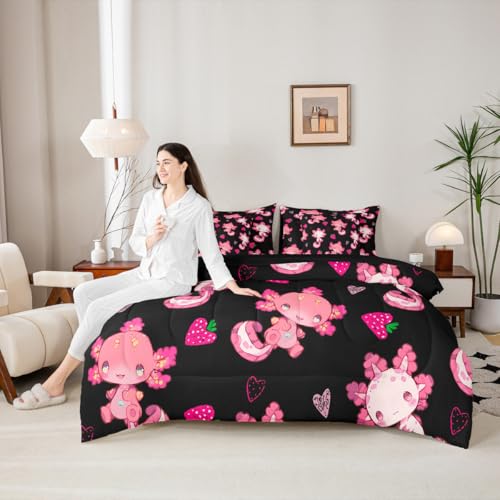 Image of Feelyou Kids Cute Axolotl Bed in A Bag Twin Size, Strawberry 7 Pieces Bedding Set Boys Girls Kawaii Ocean Sealife Comforter Set with Sheets Cartoon Fruit Teens Bed Set 7Pcs
