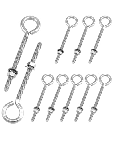 Set of 10 Pieces Marine Stainless Steel 1/2 Inch x 10 Inch Turned Eye Bolt Nut and Washer Forge Style