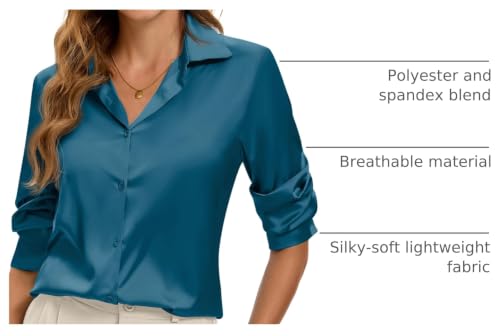 Image of Premium Soft Breathable Stretch Satin Silk Button Down Shirts for Women Long Sleeve Leopard Blouses Work Dress Tops