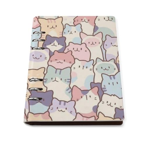 A5 ノート リフィル対応 かわいい猫 PUレザー 手帳型 ビジネスノート 6穴 バインダー 書きやすい リングノート 多機能 メモ帳 学生 社会人 仕事用 おしゃれ