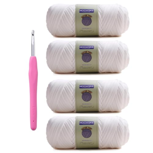 Image of Mooaske 4 Pack T Shirt Yarn for Crocheting, Tshirt Yarn for Crochet Bag Baskets Rug Dolls - 800g Chunky Thick Yarn Beginner Knitting Yarn Polyester-Spandex Blend High Elastic Fabric (White)