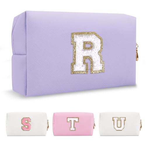 Personalized Makeup Bag Initial A-Z Preppy Patch Bag,Small PU Leather Travel Cosmetic Bag Pouch with Zipper,Purple Cute Toiletry Bag,Gift Ideal for Teen Girls Women Birthday Friend Mom,Latter R