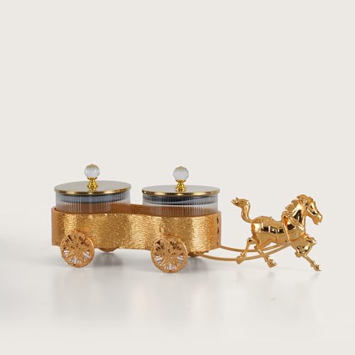 Image of HOME 360 Luxury Gold Horse-Drawn Carriage Spice & Dry Fruit Jar Set | 36X12X10CM | Metallic Chariot with 2 Ribbed Glass Containers | Ideal Housewarming, Diwali, and Anniversary Gift Item