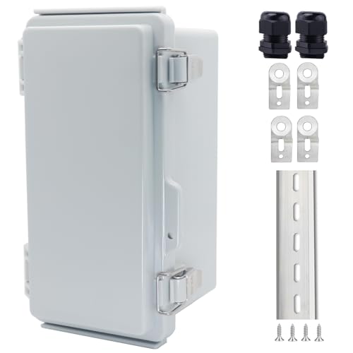 IP67 Waterproof Junction Box, ABS Plastic Electrical Enclosure with Stainless Steel Latch, Hinged Cover Electric Box with Mounting Plate, Wall Brackets &amp; Cable Glands 200x100x110