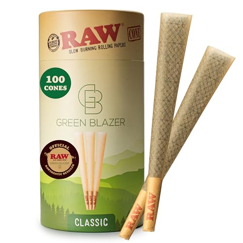 Image of RAW Cones 1 1 /4 Size: 100 Pack Patented Slow Burning Pre Rolled Rolling Papers & Tips, Classic Raw Paper, 84mm