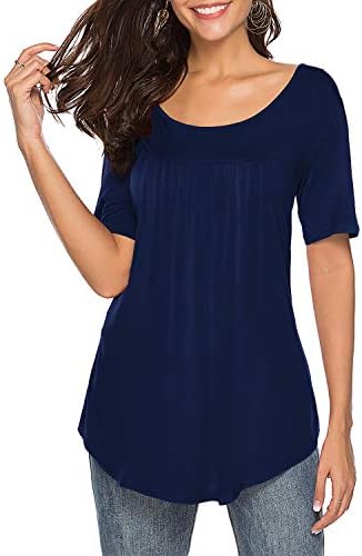 THANTH Womens Tops Casual Tee Shirts Short Sleeve Pleated Solid Color Loose Tunic Tops Blouses