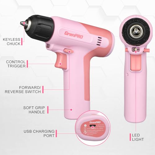 Image of GRENPRO Cordless Drill, 7.2V Power Drill Set with 23pcs Acessories, 3 /8 inch Keyless Chuck, Built-in LED, Type-C Charge Cable, Cleaning Brush Head, Pink Electric Screwdriver for Women