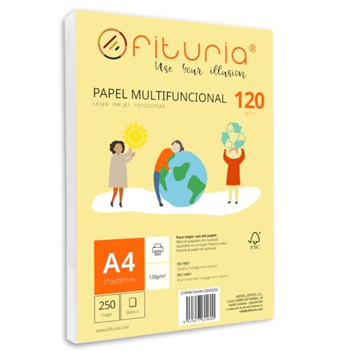 Packung mit 250 weißen DIN A4 Blättern, 120g Druckerpapier. Multifunktionales Kopierpapier für Schule und Büro. Ideal für Laserdrucker, Tintenstrahldrucker oder Kopierer – Ofituria